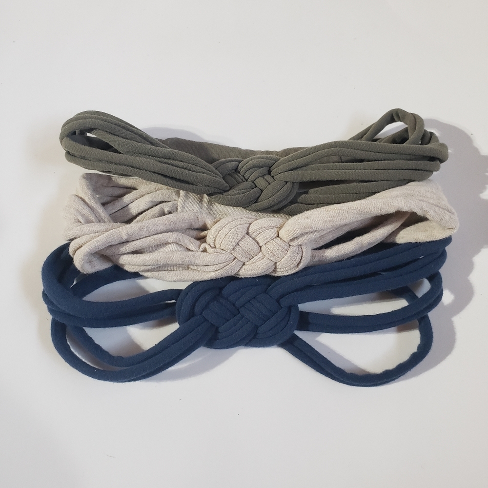 Set of 3 Women's Knot Headbands in Khaki Green Oatmeal Blue Upcycled Stretchy